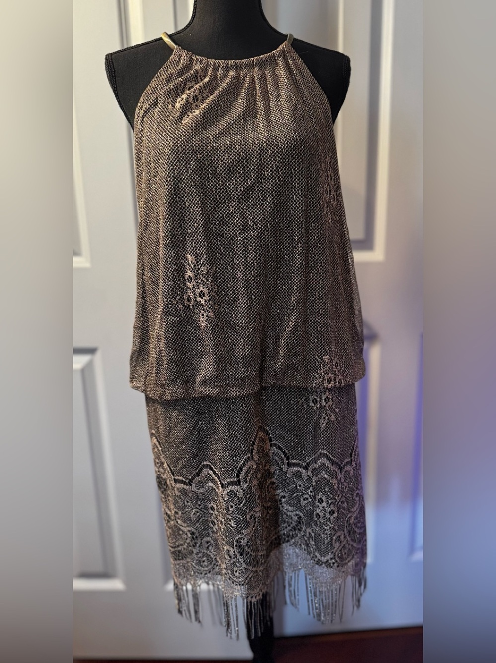 Beaded Metallic Fringe Halter Skirted Dress